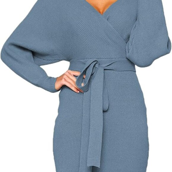 Women's Sexy Cocktail Batwing Long Sleeve Backless Mock Wrap Knit Sweater Dress - Picture 3 of 8